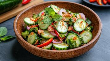 A bowl of cucumber salad with red onions and peppers photo