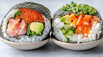 Two sushi rolls with different types of fish photo