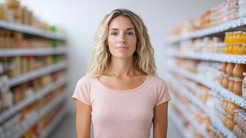A woman standing in front of shelves in a supermarket photo