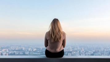 A woman sitting on a ledge overlooking a city photo