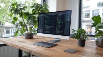 A desktop computer with a keyboard and mouse on a wooden desk photo