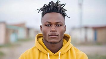A young man with dreadlocks in a yellow hoodie photo
