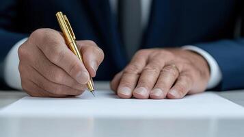 A man in a suit is holding a pen and writing on a piece of paper photo
