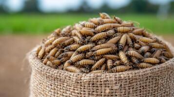 A bag full of worms sitting on top of a field photo