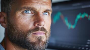A man with a beard and blue eyes looking at a stock chart photo