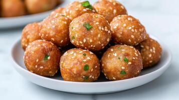 A bowl of fried meat balls with sesame seeds photo
