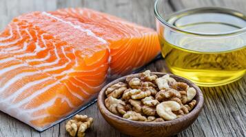 Salmon and walnuts with oil and walnuts photo