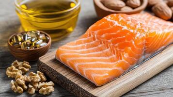 Salmon, nuts and oil on a cutting board photo