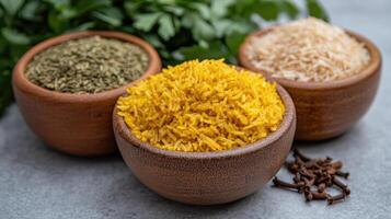 Three bowls of rice with spices and herbs photo