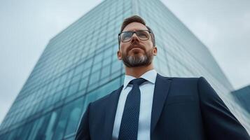 A man in a suit and glasses standing in front of a building photo