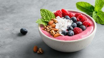A bowl of smoothie with berries, nuts and coconut photo