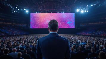 Businessman standing in front of a large audience at a conference photo
