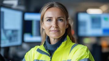 A woman in a safety vest standing in front of computer monitors photo