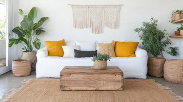 A white couch with yellow pillows and a wooden table photo