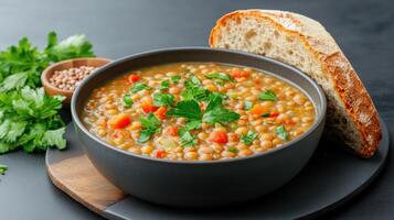 Lentil soup with bread on a black background photo