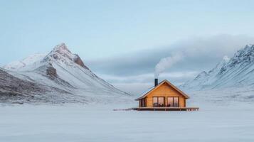 A cabin in the snow with mountains in the background photo