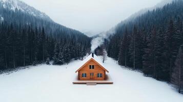 A small cabin in the middle of a snowy forest photo