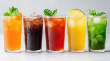 Five different colored drinks in glasses photo