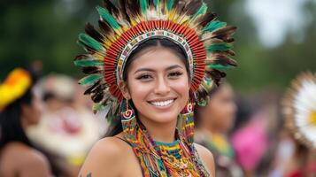 A woman wearing a native headdress and smiling photo