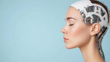 A woman with a robotic head on her face photo