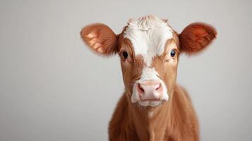 A close up of a brown and white cow photo