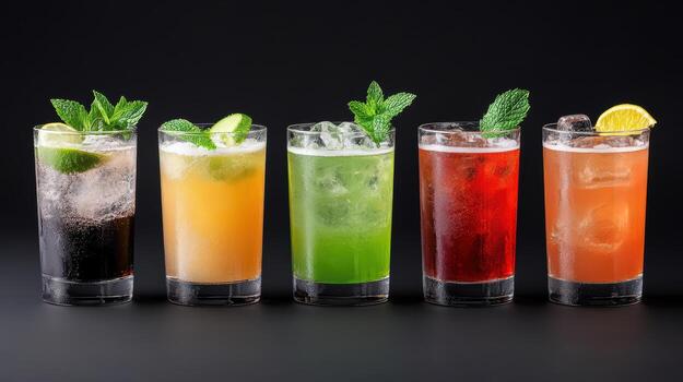 A group of different colored alcoholic drinks on a black background photo