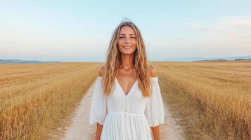 A woman in a white dress standing in a field photo