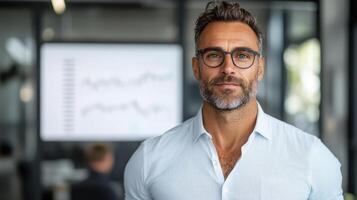 A man in glasses standing in front of a whiteboard photo