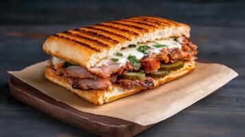 A sandwich with meat and vegetables on a wooden board photo