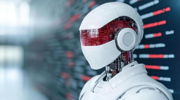 A white robot with red eyes standing in front of a computer screen photo