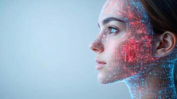The face of a woman with a digital face photo
