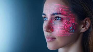 A woman with a face made up of digital data photo