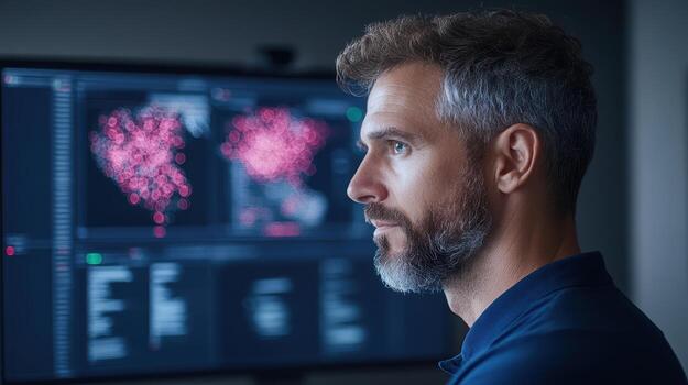 un hombre mirando a un computadora pantalla con datos en eso foto
