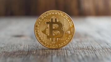 Bitcoin on wooden table with wooden background photo
