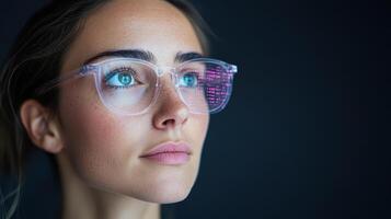 A woman wearing glasses with a computer screen on her face photo