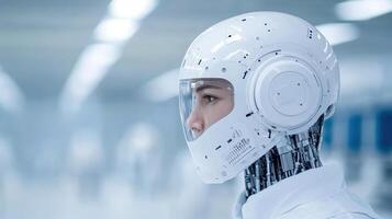 A robot wearing a helmet in an industrial area photo