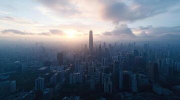 An aerial view of a city at sunset photo