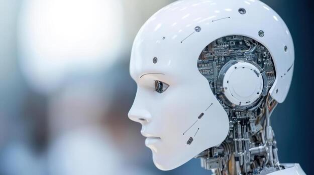 The robot head of a white robot photo