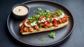 A sandwich with chicken and sauce on a plate photo
