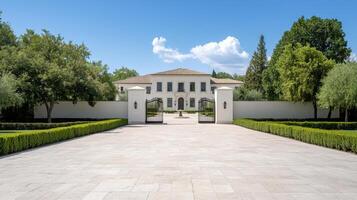 A large white house with a gate and hedges photo