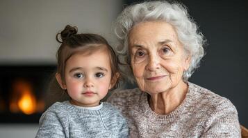 An older woman and a little girl sitting in front of a fireplace photo