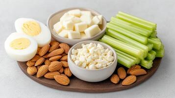 A plate with celery, eggs, cheese, and other foods photo