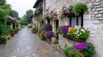 A cobblestone street lined with flowers and plants photo