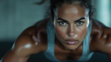 A woman doing push ups in a gym photo