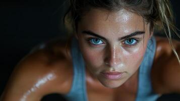 A woman with blue eyes is doing push ups photo