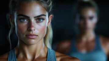 A woman with a strong jawline and blue eyes photo