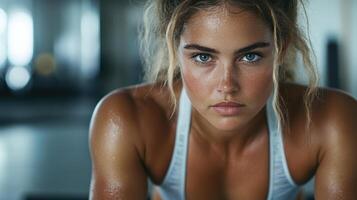 A woman in a sports bra top looking at the camera photo