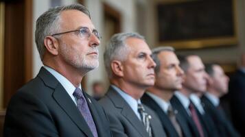A group of men in suits and ties are sitting in a row photo