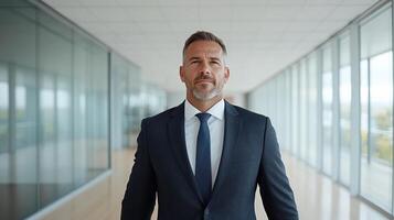 A man in a suit and tie standing in an office photo