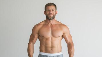 A shirtless man standing in front of a white background photo
